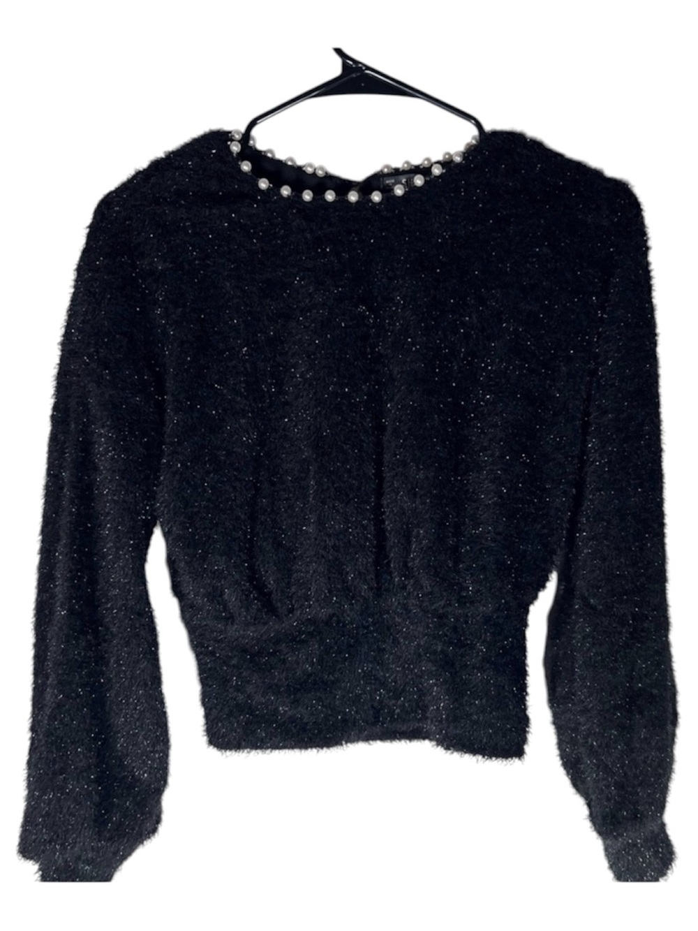 Black Fuzzy Sweater Top with Pearl Accents Size S